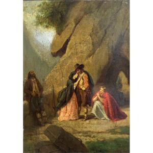 French School, 19th Century (j. Bernard?), Scene Of Women And Brigands, Oil On Canvas