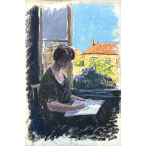 Meulien-Verez? Ecole française début XXe, Femme artiste à sa fenêtre, pastel
