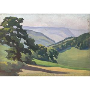 Meulien-Verez? Ecole française début XXe, Paysage arboré , huile sur carton