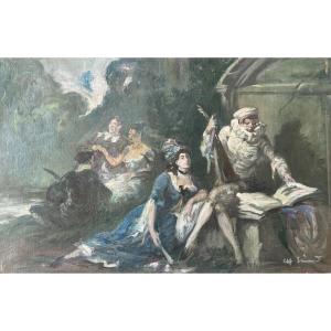 Charles Sénard (lyon 1878-1934), Troubadour Scene Or Commedia Dell'arte, Oil On Canvas