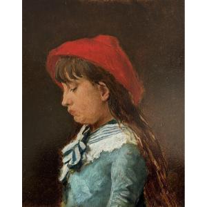Attributed To Gustave Biot (19th), Portrait De Jeune Fille Au Béret Rouge, Oil On Panel