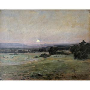 Clovis Terraire (1858-1931), Lyon School, Moonrise At Soleymieu, Oil On Cardboard, 1902