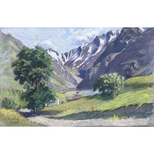 Meulien-Verez? Ecole française début XXe, Paysage de montagne , pastel sur papier