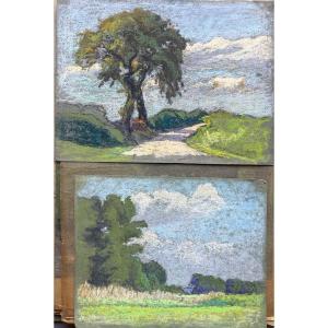 Meulien-Verez? Ecole française début XXe, Paire de paysages arborés , dessins au pastel