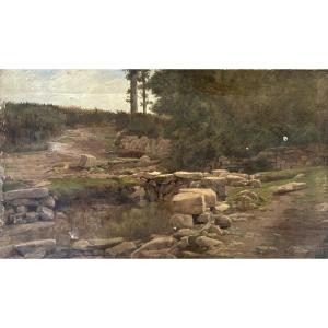 Ecole française de la fin du XIXe siècle, Paysage à la carrière ou site archéologique?, huile 