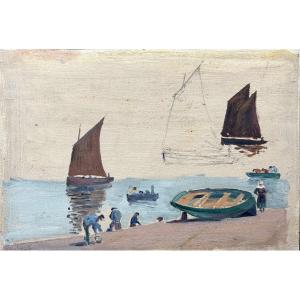 André Morisset (1876-1954) , Etude de marins et bateaux en Bretagne, huile