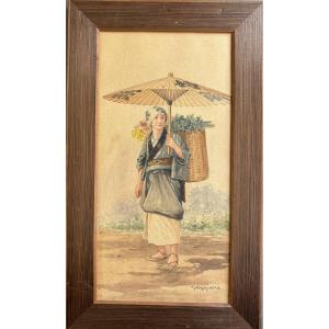 Takashi Nakayama (1893–1978), Japanese Flower Seller, Fuzokuga, Drawing