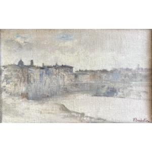 William Barbotin (Ars en Ré 1861-1931), Le Tibre à Rome avec la basilique Saint Pierre, huile