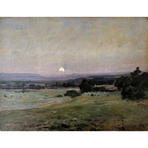 Clovis Terraie (1858-1931), école lyonnaise, Lever de lune à Soleymieu en Isère , huile