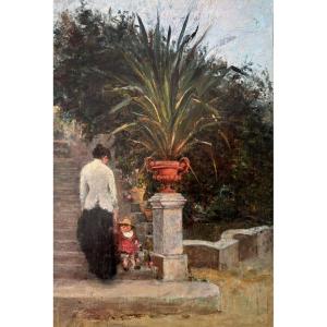 19th-century French School, Woman And Child In A Garden In The South Of France?, Oil On Canvas