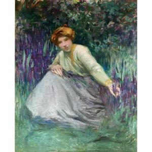 Barthelemy Gabriel Azam (peintre Toulousain, début XXe), Femme aux iris ou Le Printemps, huile