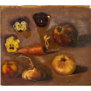 Late 19th-century French School, Set Of Five Oil Paintings On Paper: Vegetables And Plants