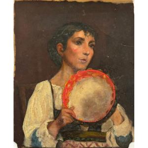 Late 19th-century French School, Portrait Of A Woman With A Tambourine, Oil On Paper