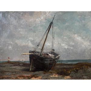 Ecole française du XIXe, Bateau à marée basse dit le "bateau désemparé", huile sur toile