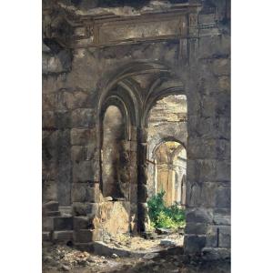 Ecole française vers 1880, Vue présumée des ruines de la Cour des Comptes à Paris, huile