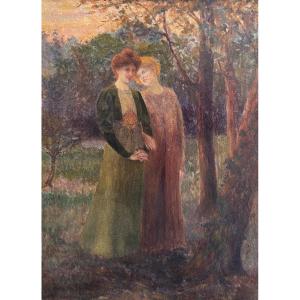 André-marc Antigna (1869–1941), *promenade d'Amies*, Oil On Cardboard, Symbolism