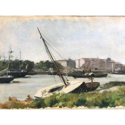 Ecole Française Fin XIXe, Vue du port de Nantes, Monogramme M.B 1887