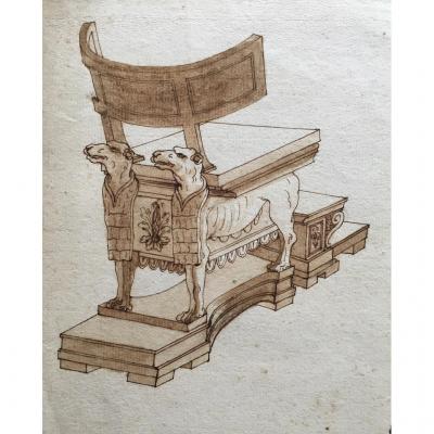 Ecole Française Ou Italienne Du XVIIIe Siècle, Etude De Siège Curule à Têtes De Chiens, Dessin