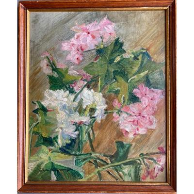 André Lagrange (1889-1958), The Geraniums, Flowers, Oil On Cardboard