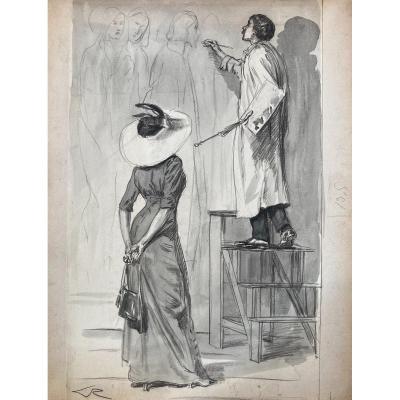 Alméry Lobel-riche (1877-1950), Le Peintre Et Son Admiratrice, Dessin Encre Et Aquarelle