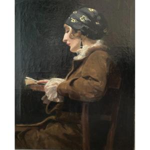 French School? Around 1900, Big Portrait Of A Reading Woman, Oil On Canvas, Signed