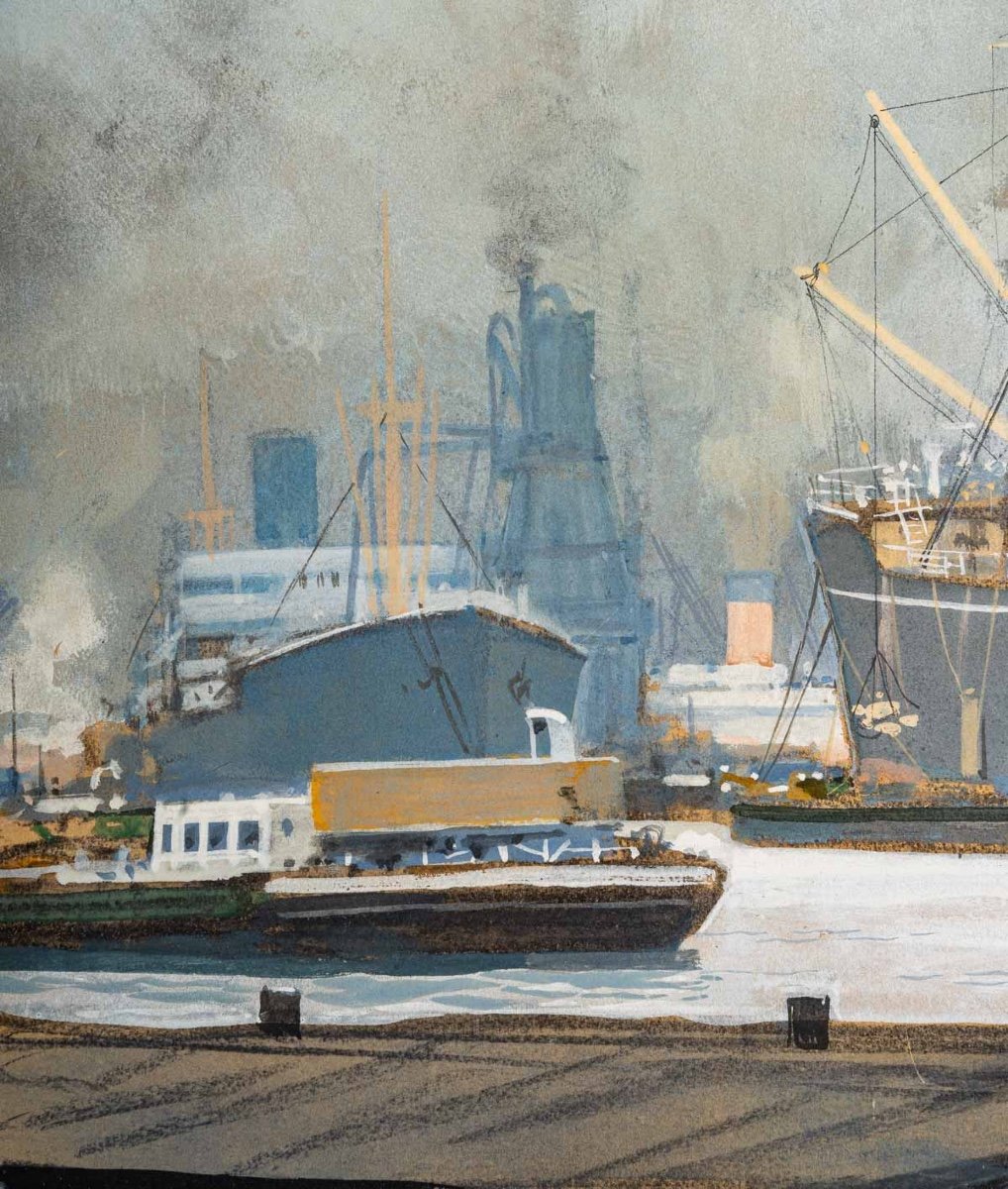Sandy Hook (1879 -1960) Official Painter Of The Navy - Antwerp - View Of The Docks.-photo-4