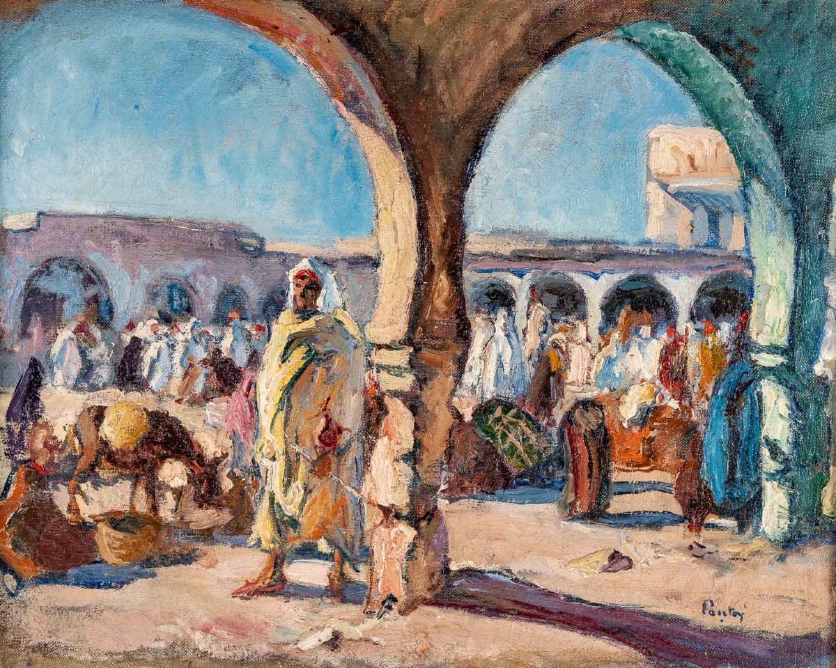 Henri PONTOY (1888 - 1968) -  Scène de marché à Essaouira au Maroc, Circa 1930