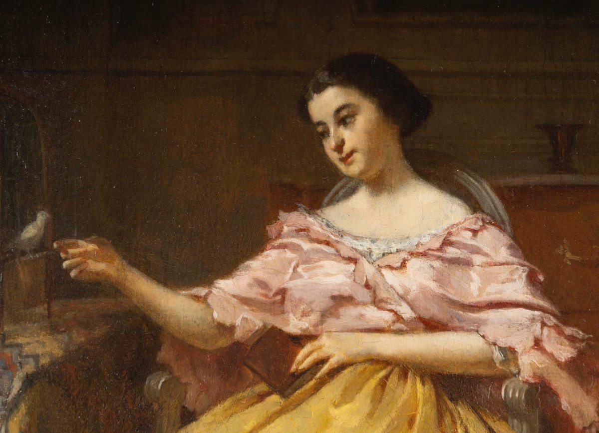 Eugène Accard (1826 - 1888) - Woman With A Bird, 1858-photo-4