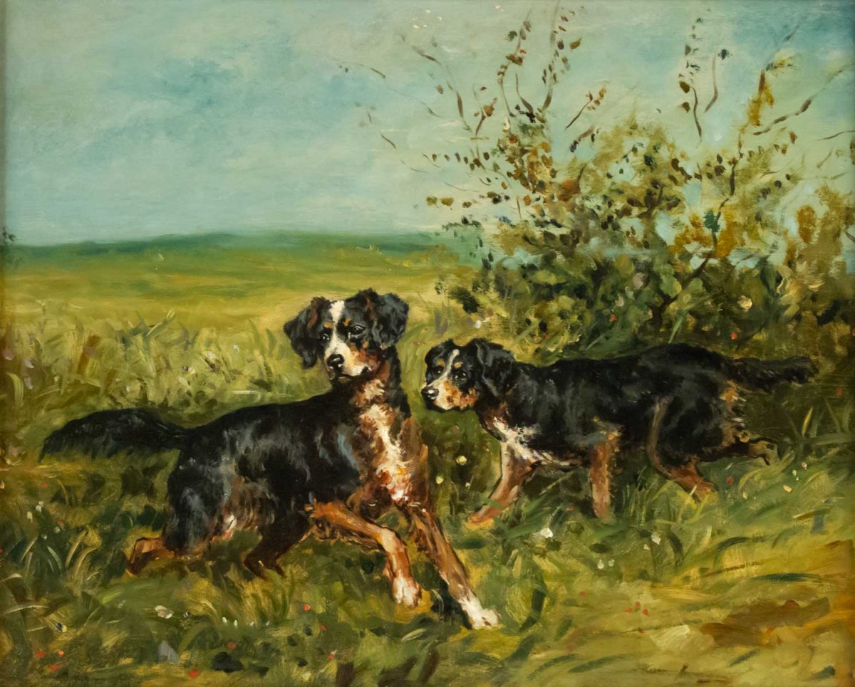 Charles Olivier de PENNE (Paris, 1831 – Marlotte, 1897) - Chiens à l’arrêt.