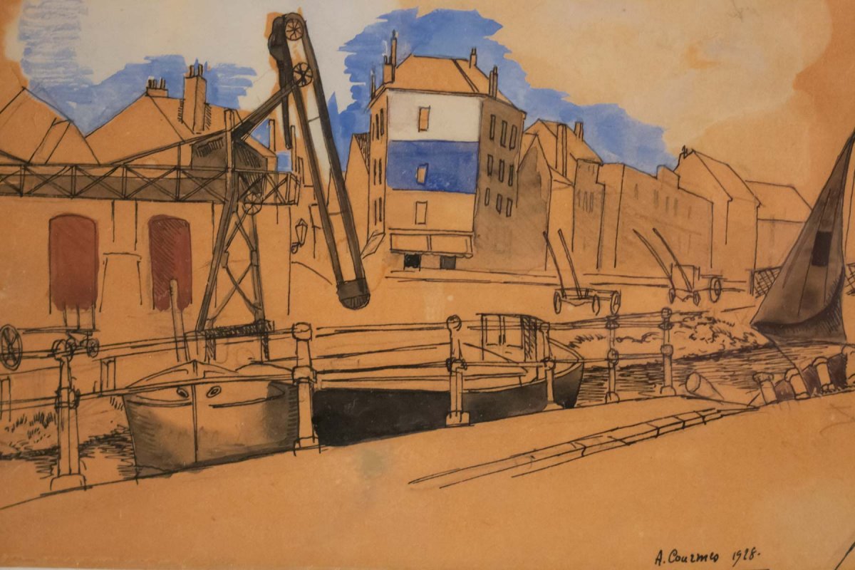 Alfred COURMES ( 1898 - 1993) -Paris, vue de canal- Daté 1928.-photo-3