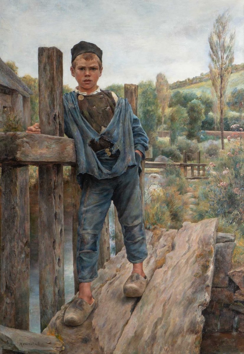 Christian DE MARINITSCH (1868-1954)- Jeune breton sur un ponton de moulin -Pont Aven .
