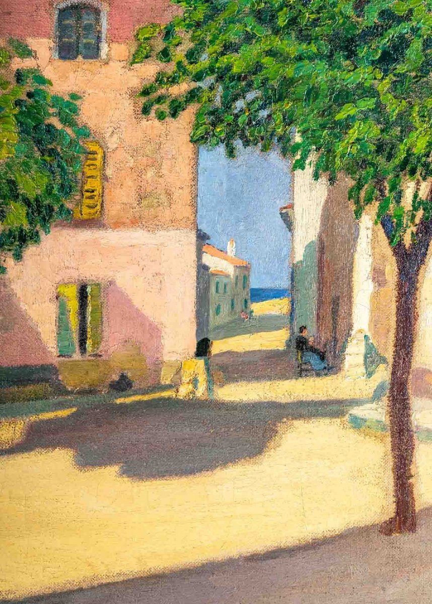 Guillaume ROGER  (1867, 1943) français-  La place ensoleillée à Saint Tropez- Circa 1910-1920-photo-4