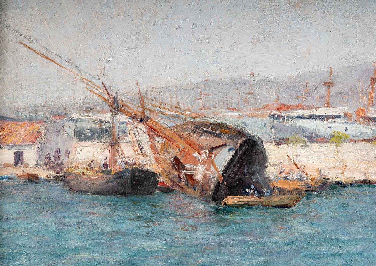 François NARDI (Nice, 1861 - Toulon 1936)- Le radoubage du navire dans la rade de Toulon.-photo-3