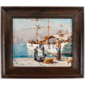 Gilbert Galland (1870 - 1956) - Le déchargement des oranges dans le port de Marseille.