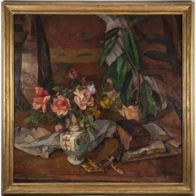 Püttner Walther (leipzig, 1872, 1953) -nature German School Life With Roses And Books.