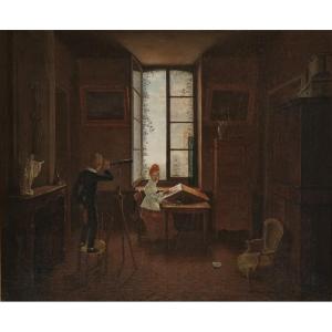 Théophile BEHAEGHEL (1795 -1858) - Scène d’intérieur, le jeu de l’art, circa 1820