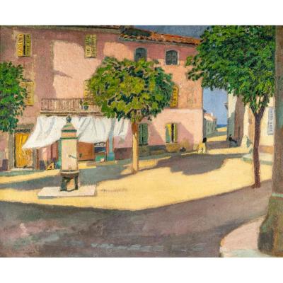 Guillaume Roger (1867, 1943) French- La Place Ensoleillée In Saint Tropez- Circa 1910-1920