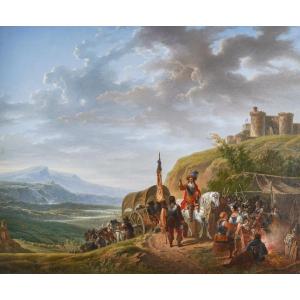 Adolphe ROEHN (1780, 1867) - Bivouac de militaires devant un château - Circa 1820.