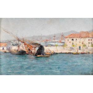 François NARDI (Nice, 1861 - Toulon 1936)- Le radoubage du navire dans la rade de Toulon.