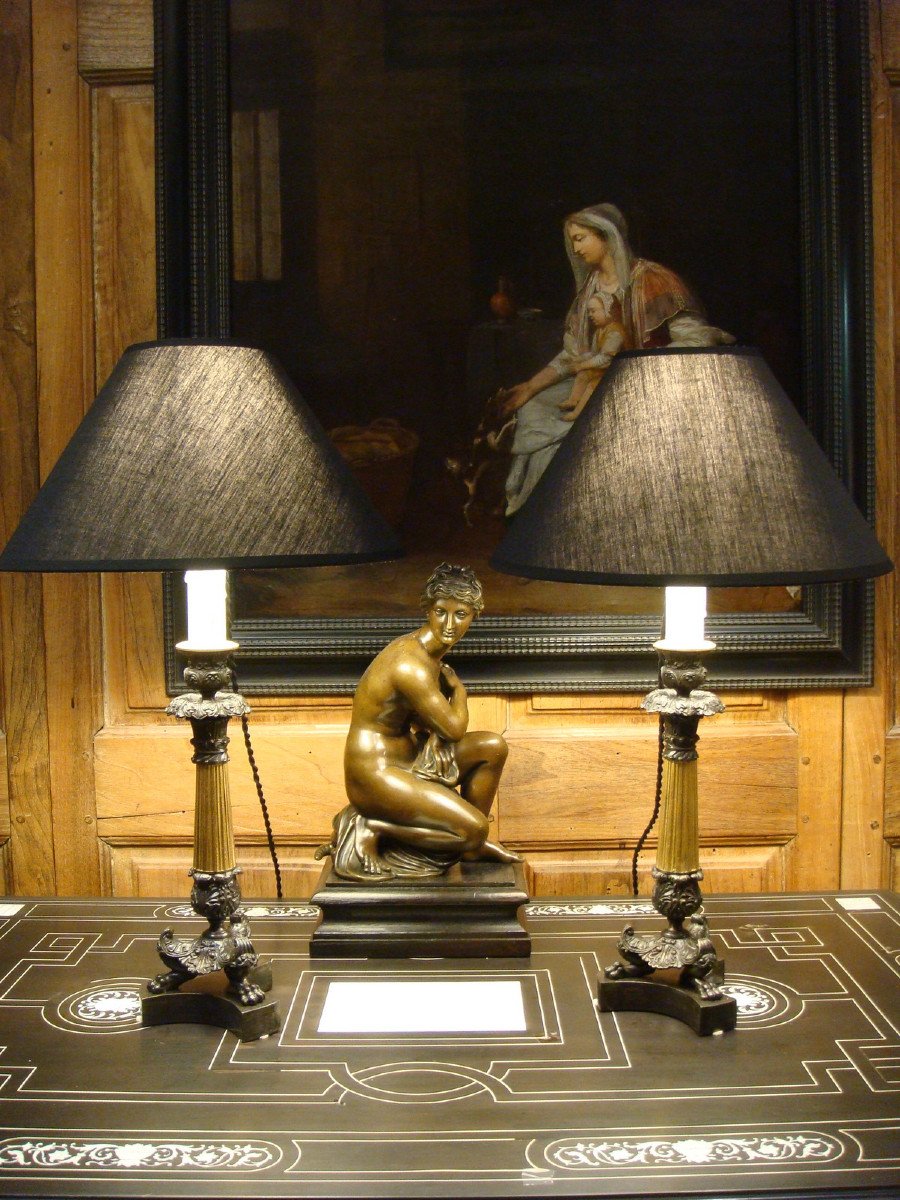 Pair Of Candlesticks In Bronze Lamps