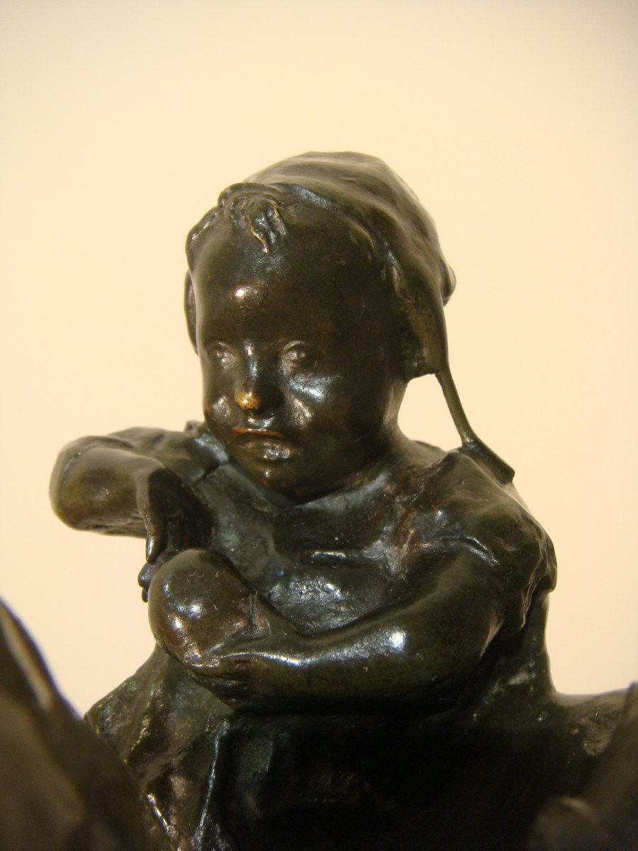 Sculpture En Bronze Homme Et Ses Enfants Léonardo Bistolfi-photo-4