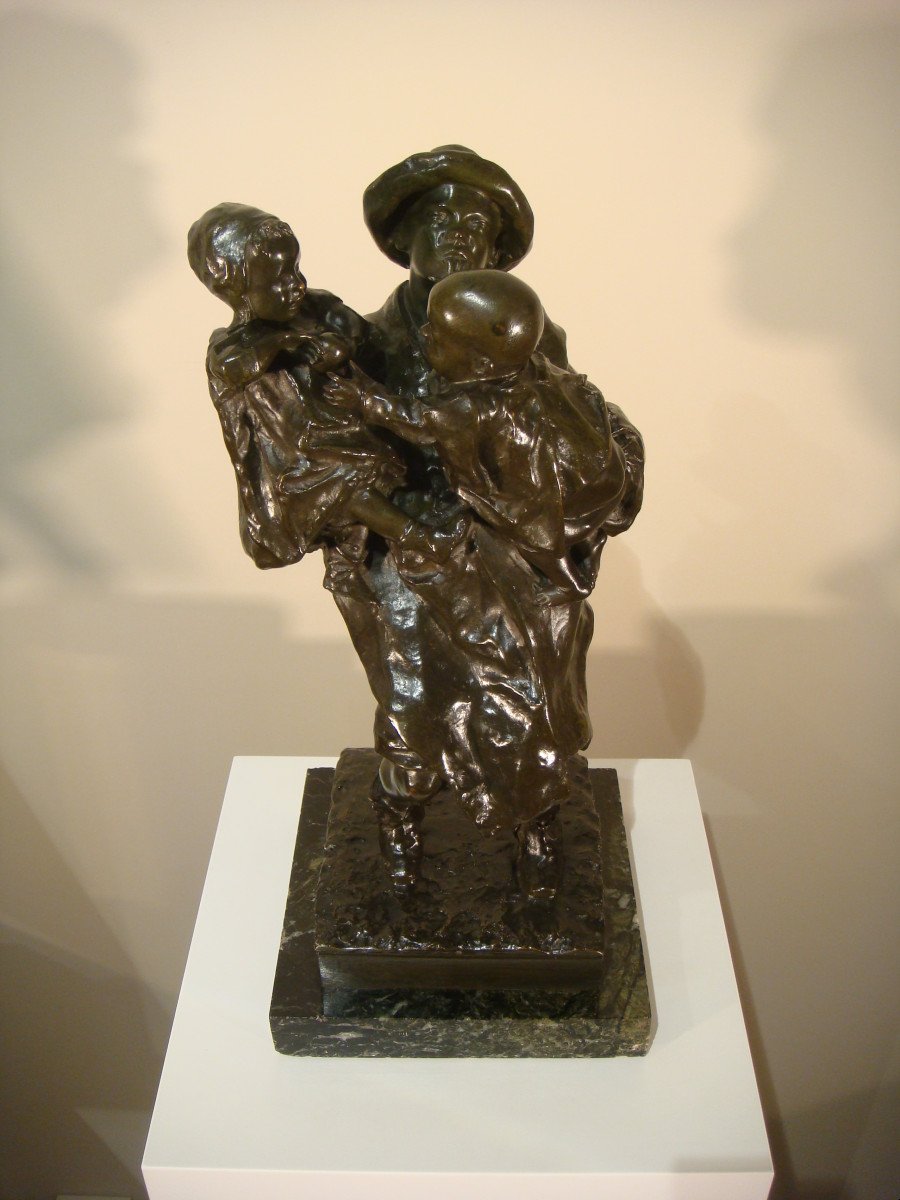 Sculpture En Bronze Homme Et Ses Enfants Léonardo Bistolfi