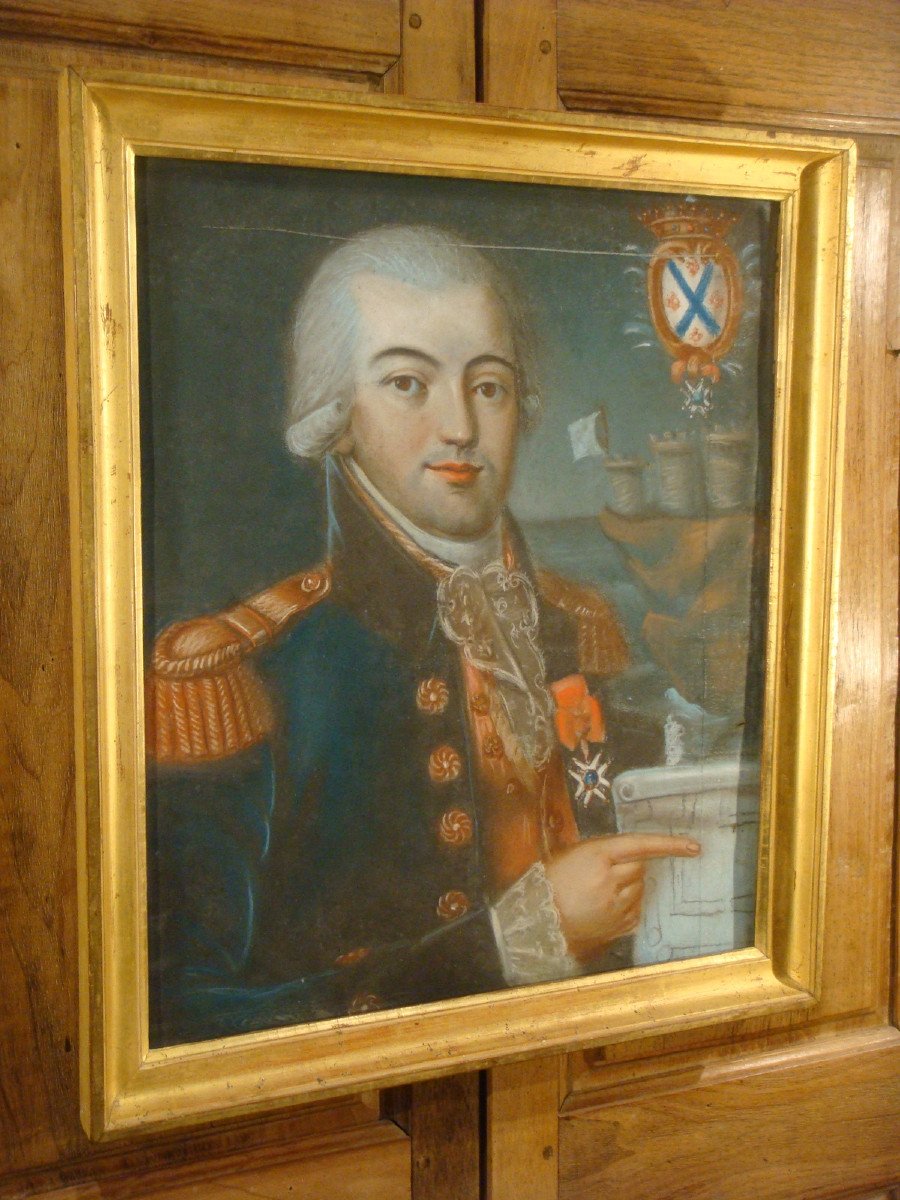 Tableau Portrait d'Officier Pastel Armorié - Epoque XVIII ème -photo-2