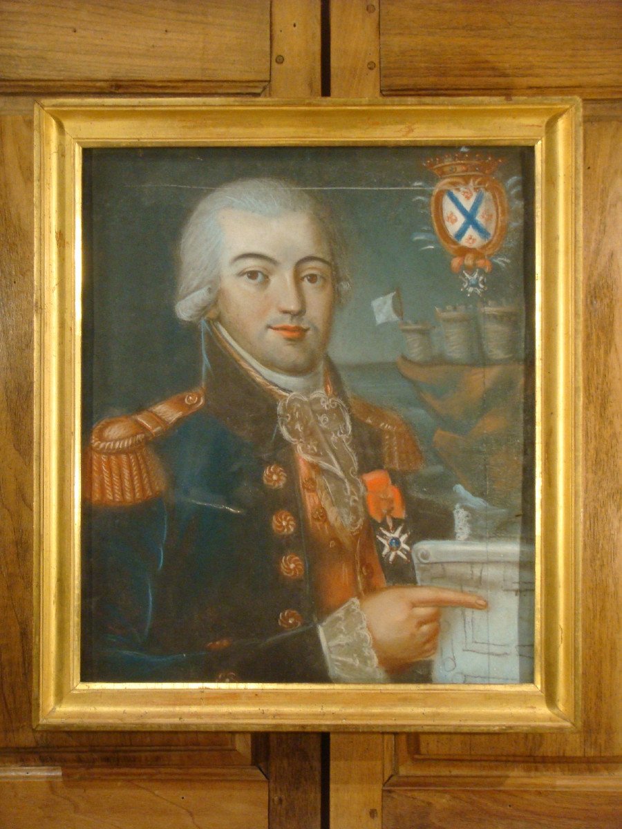 Tableau Portrait d'Officier Pastel Armorié - Epoque XVIII ème 