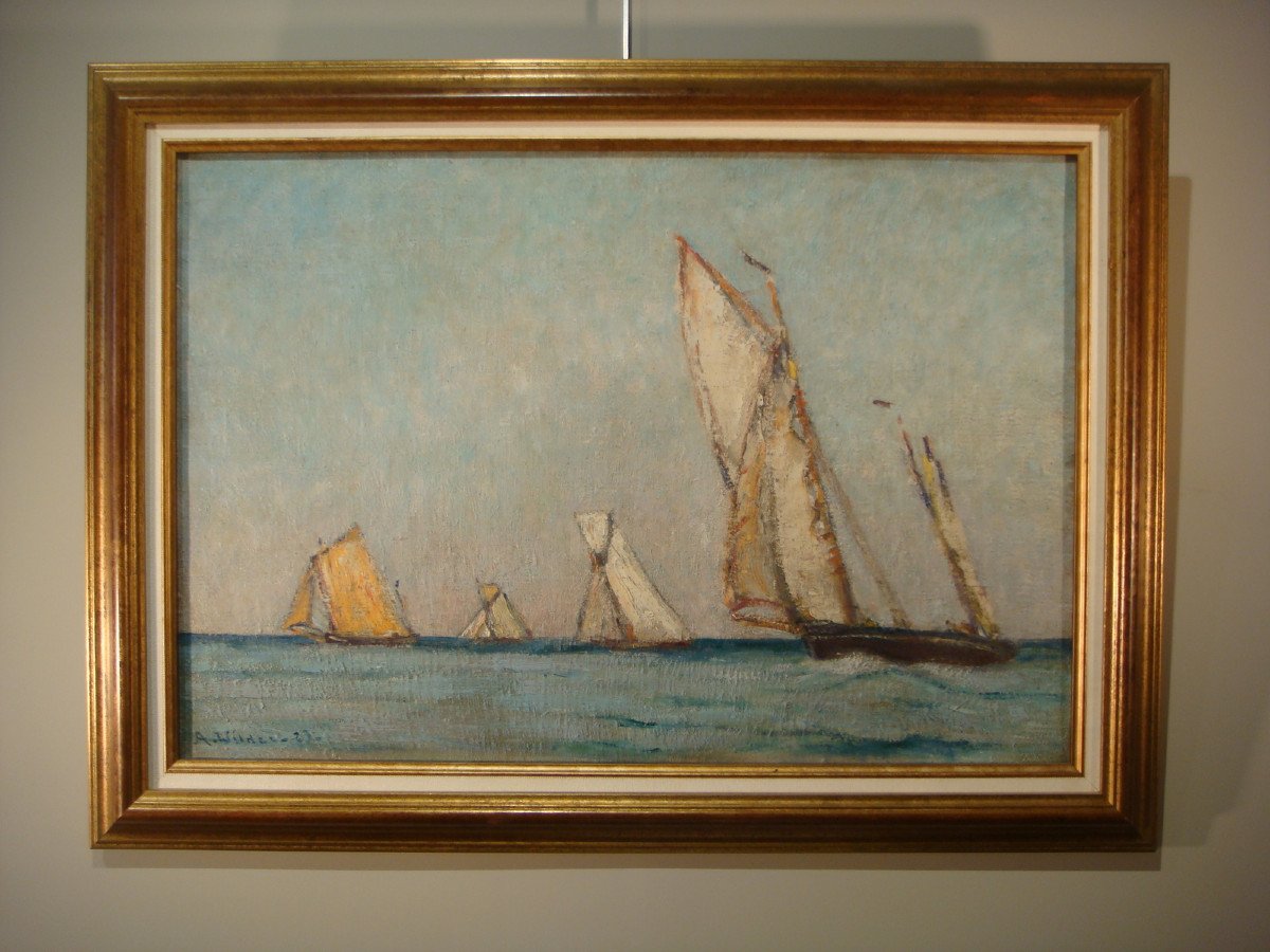 Tableau Marine Huile Sur Toile Voiliers André Wilder 1923-photo-2