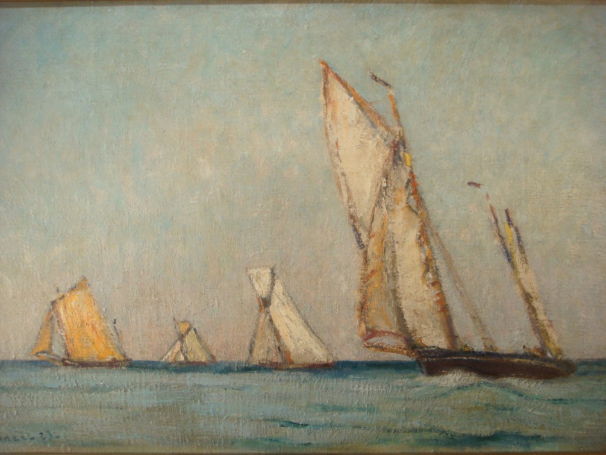 Tableau Marine Huile Sur Toile Voiliers André Wilder 1923-photo-3