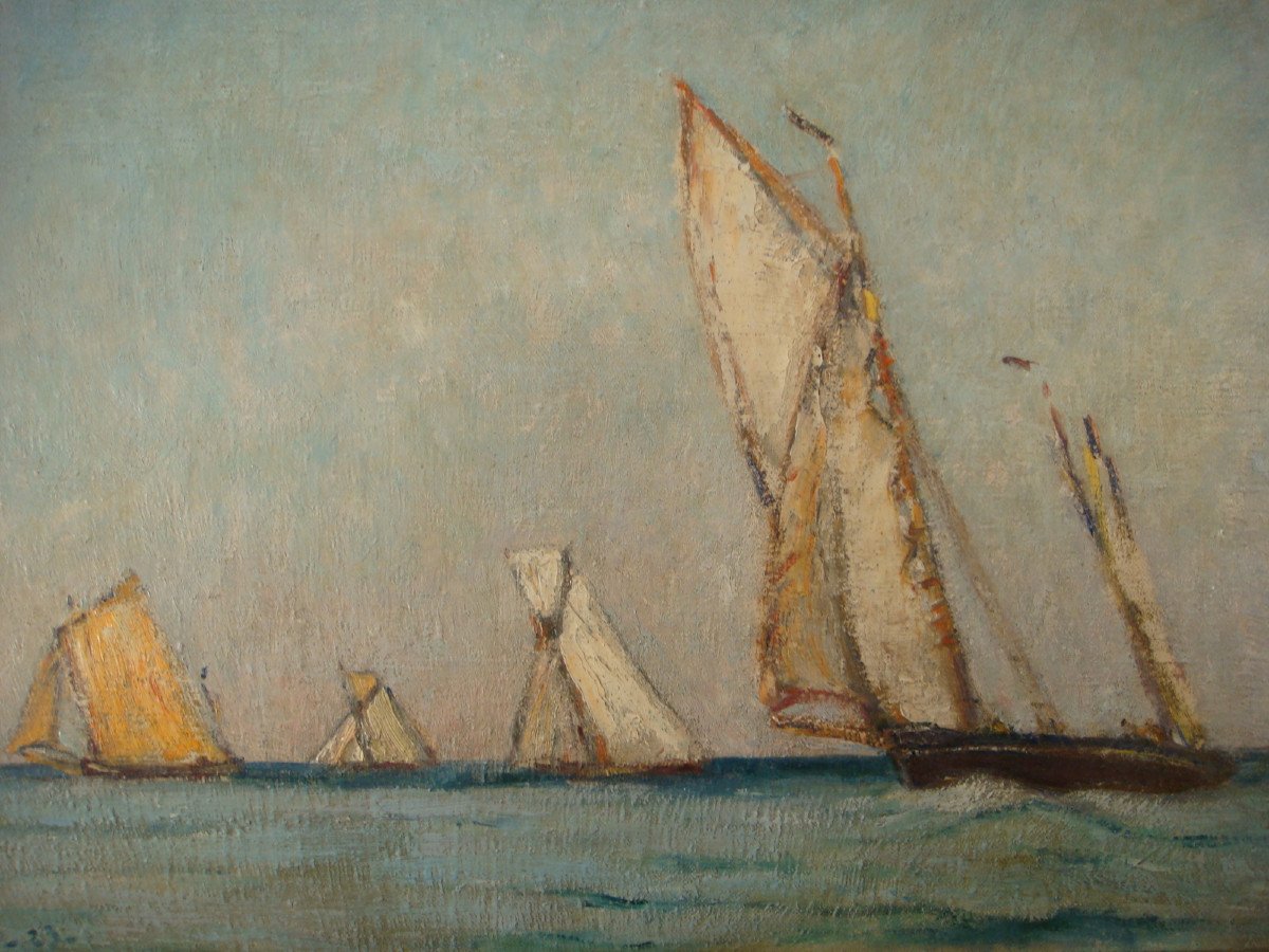 Tableau Marine Huile Sur Toile Voiliers André Wilder 1923-photo-7