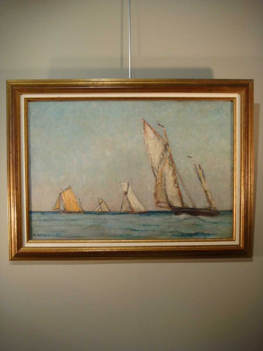Tableau Marine Huile Sur Toile Voiliers André Wilder 1923