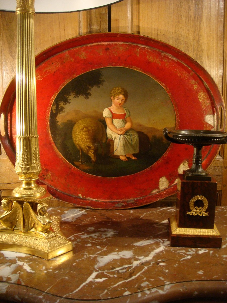 Plateau En Tole Laque A Decor D’une Jeune Fille Epoque Premier Empire -photo-2