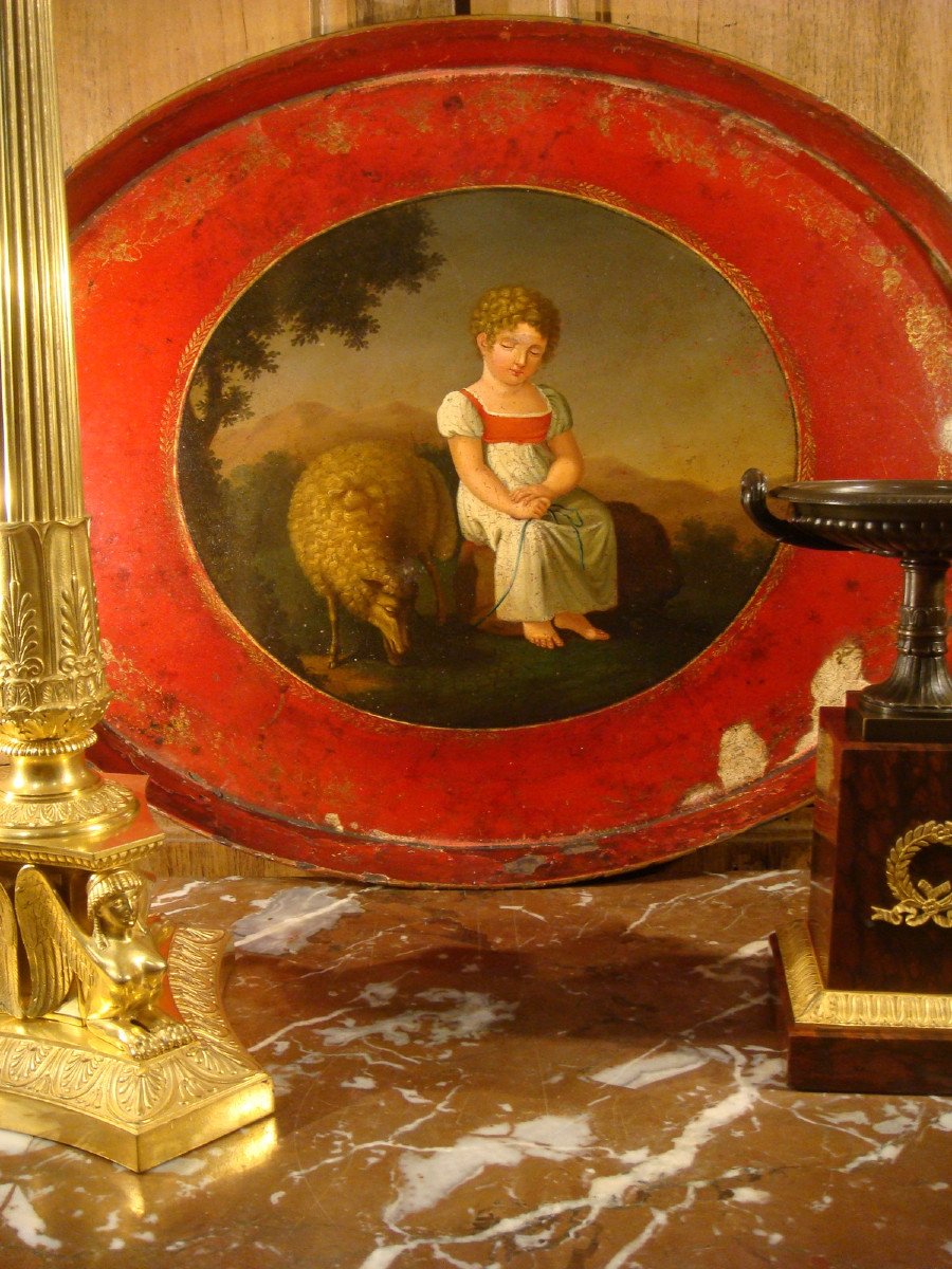 Plateau En Tole Laque A Decor D’une Jeune Fille Epoque Premier Empire 